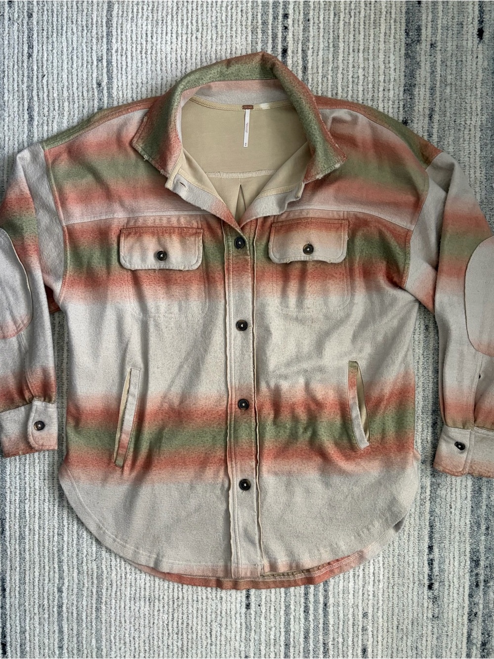 Free People Striped Button-Up Shacket in Sand, Coral & Olive Size M